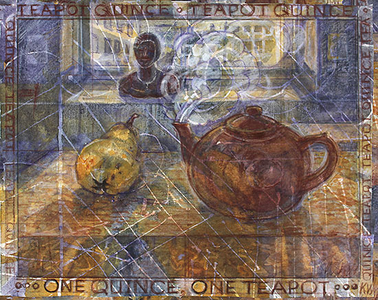 'One Quince, One Teapot' 2024  -watercolour, body colour & pencil on paper (43 x 48 cm framed)